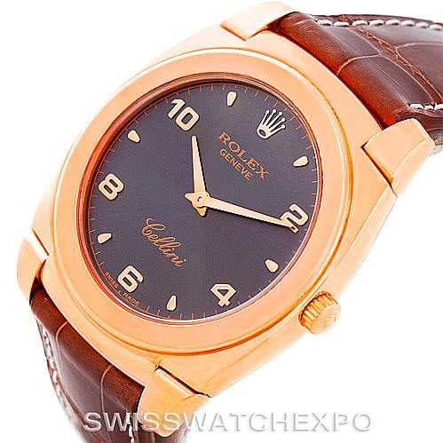 This image shows a Rolex Cellini 5330 Men's Rose Gold Grey Dial 5330 Men's Rose Gold Grey Dial watch at an angled view, highlighting its brown dial, rose gold case, and brown leather strap.