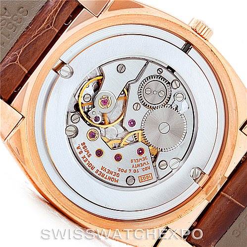 This image shows the back of the Rolex Cellini 5330 Men's Rose Gold Grey Dial 5330 Men's Rose Gold Grey Dial watch, focusing on its intricate mechanical movement.