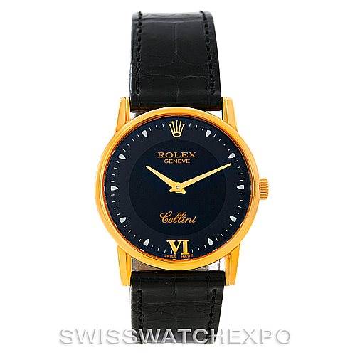 Front view of a Rolex Cellini 5116 Men's Yellow Gold Black Dial 5116 Men's Yellow Gold Black Dial watch showing the face, hour markers, hands, and part of the black leather strap.