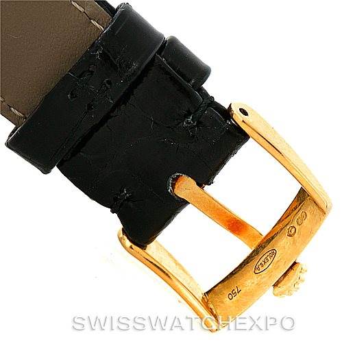 The image shows a close-up view of a Rolex Cellini 5116 Men's Yellow Gold Black Dial 5116 Men's Yellow Gold Black Dial watch buckle with a black leather strap.