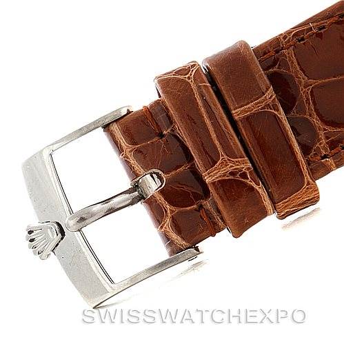 The image shows a close-up of a brown leather strap with a buckle for the Rolex Cellini 5116 Men's White Gold Silver Dial 5116 Men's White Gold Silver Dial model.