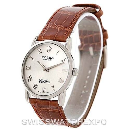 This image shows a Rolex Cellini 5116 Men's White Gold Silver Dial 5116 Men's White Gold Silver Dial watch from a slightly angled front view, highlighting its dial, case, and leather strap.