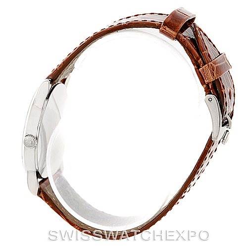 The image displays a side view of the Rolex Cellini 5116 Men's White Gold Silver Dial 5116 Men's White Gold Silver Dial watch, showcasing the case, crown, and leather strap.