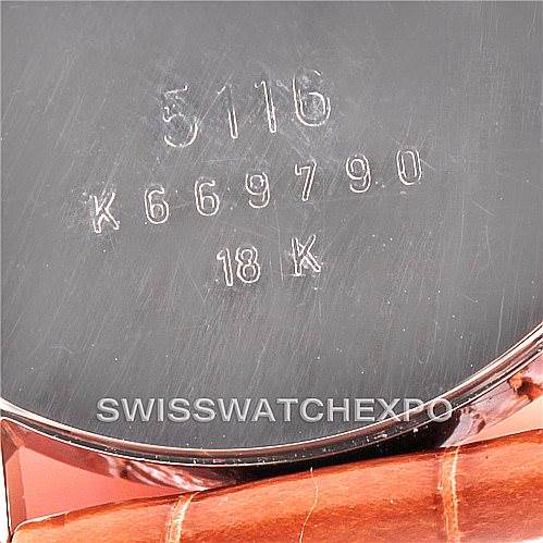 This image shows the back of a Rolex Cellini 5116 Men's White Gold Silver Dial 5116 Men's White Gold Silver Dial model watch, including the engraved model number, serial number, and 18K gold mark.