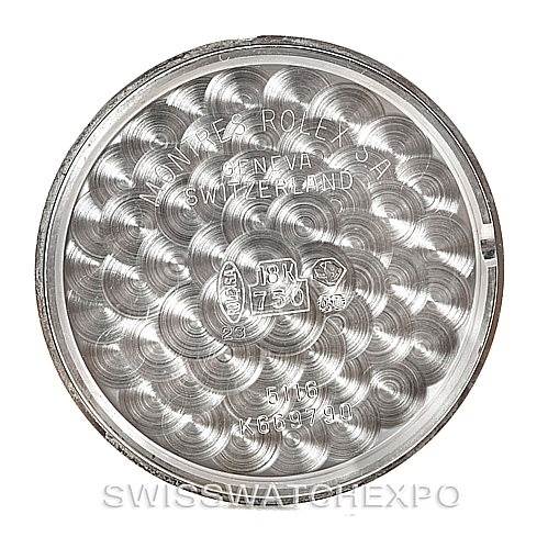 This image shows the inside case back of a Rolex Cellini 5116 Men's White Gold Silver Dial 5116 Men's White Gold Silver Dial watch, displaying engravings and hallmarks.