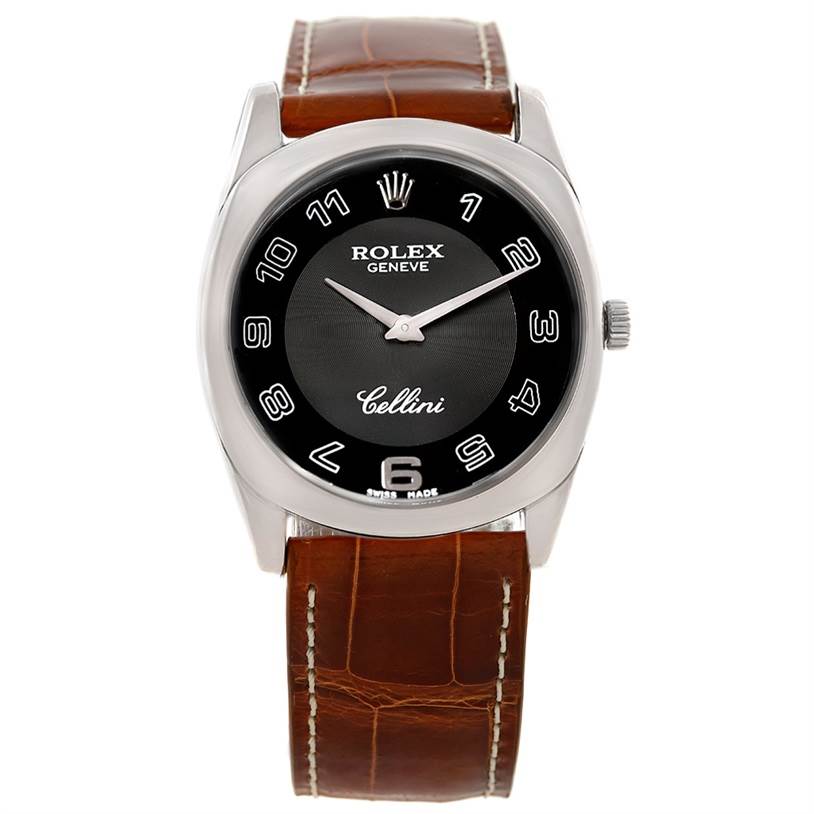 A front view of the Rolex Cellini 4233 Men's White Gold Black Dial 4233 Men's White Gold Black Dial watch with a black dial and brown leather strap.
