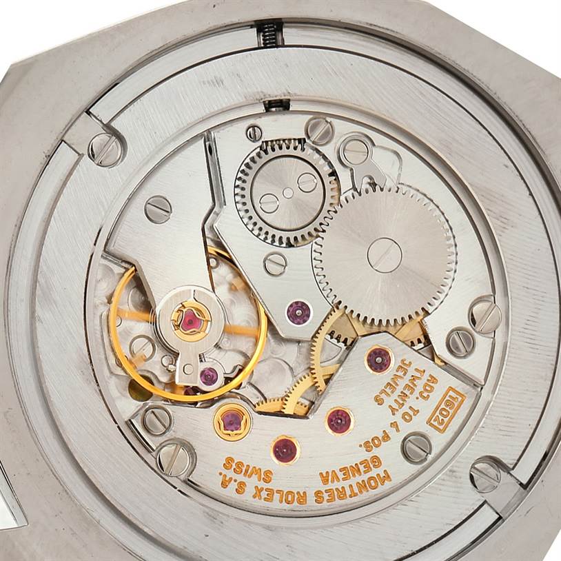 The image shows the internal mechanical movement of a Rolex Cellini 4233 Men's White Gold Black Dial 4233 Men's White Gold Black Dial watch from an overhead angle.