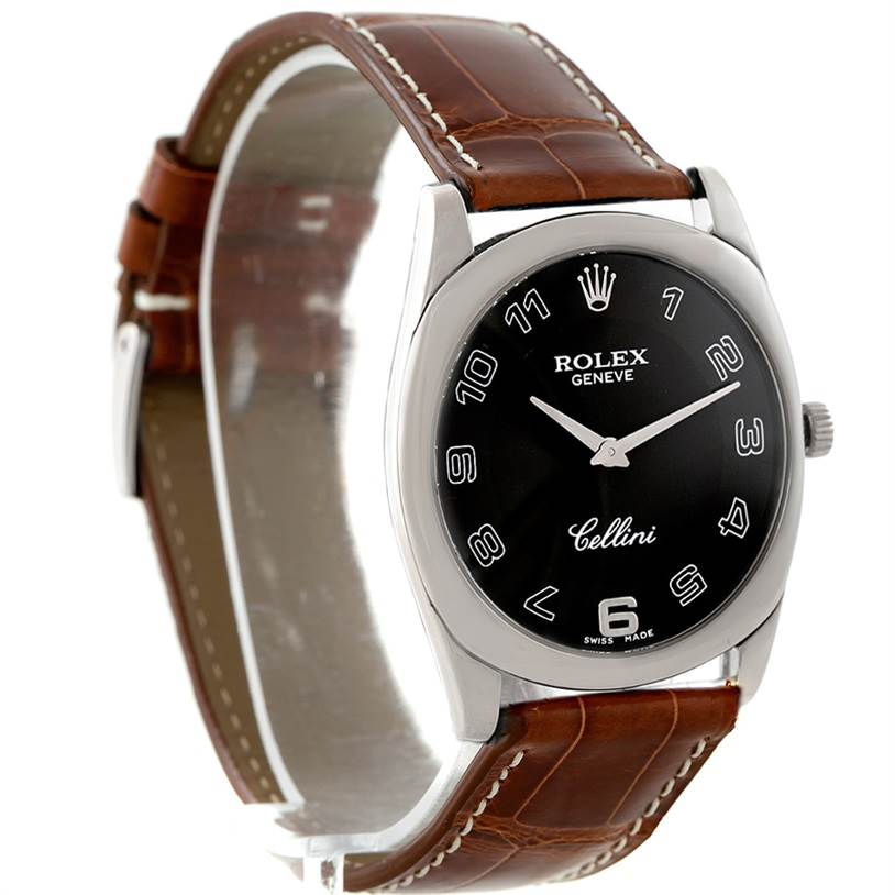 This image shows a Rolex Cellini 4233 Men's White Gold Black Dial 4233 Men's White Gold Black Dial watch from a front left angle, featuring its black dial, silver case, and brown leather strap.