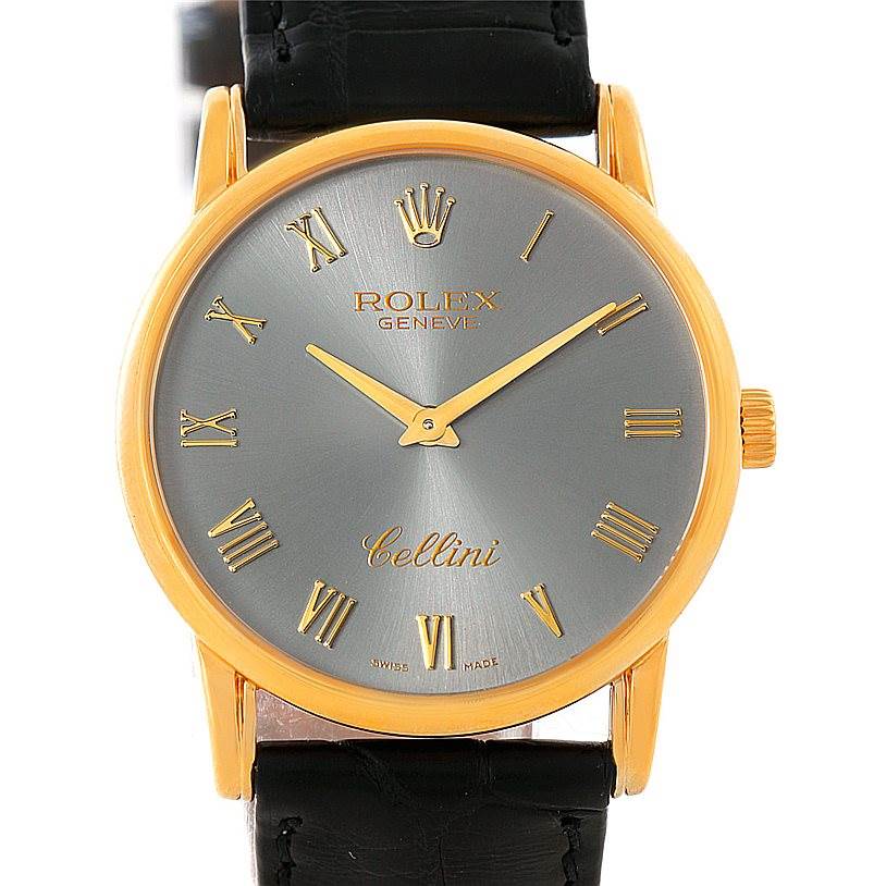 This image shows a front view of a Rolex Cellini 5116 Men's Yellow Gold Grey Dial 5116 Men's Yellow Gold Grey Dial watch, featuring its dial, hands, crown, and part of the strap.