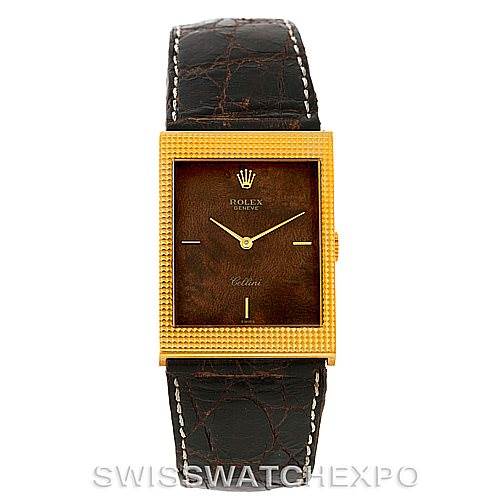 This image shows a front view of a Rolex Cellini 4127 Men
s Yellow Gold Brown Dial 4127 Men
s Yellow Gold Brown Dial watch, displaying its strap, case, and dial.