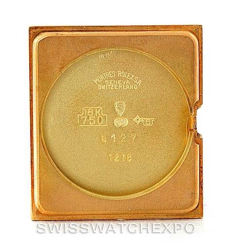 The image shows the inner back cover of a Rolex Cellini 4127 Men
s Yellow Gold Brown Dial 4127 Men
s Yellow Gold Brown Dial watch, highlighting engraved markings and hallmarks.