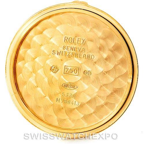 Image shows the inside back cover of a Rolex Cellini 5330 Men's Yellow Gold White Dial 5330 Men's Yellow Gold White Dial watch, displaying the brand, origin, and material markings.