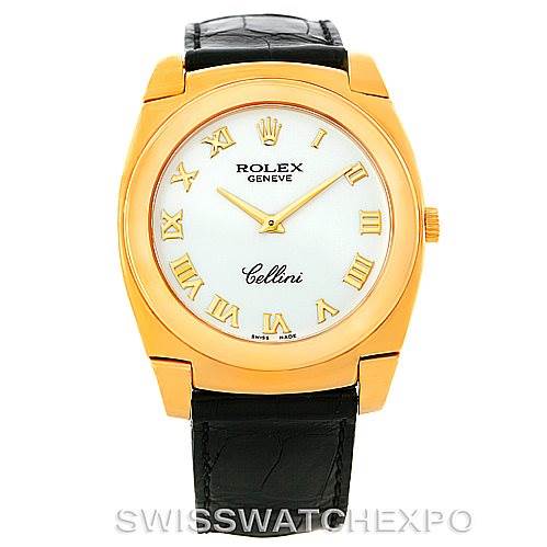 The image shows a frontal view of a Rolex Cellini 5330 Men's Yellow Gold White Dial 5330 Men's Yellow Gold White Dial watch, highlighting its gold case, white dial with Roman numerals, and black leather strap.