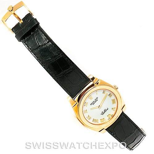 This image shows a top-down view of a Rolex Cellini 5330 Men's Yellow Gold White Dial 5330 Men's Yellow Gold White Dial watch, highlighting its face, strap, and buckle.