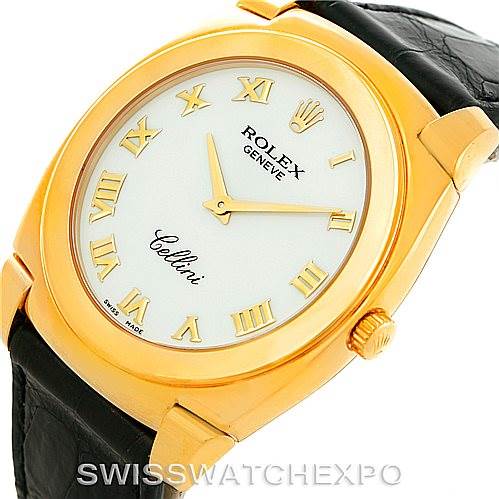 The image shows a Rolex Cellini 5330 Men's Yellow Gold White Dial 5330 Men's Yellow Gold White Dial watch at an angled view highlighting its gold case, crown, white dial with Roman numerals, and black leather strap.