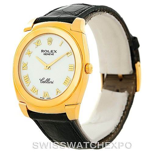 The image shows a Rolex Cellini 5330 Men's Yellow Gold White Dial 5330 Men's Yellow Gold White Dial watch viewed from a slight angle, displaying the dial, case, and leather strap.