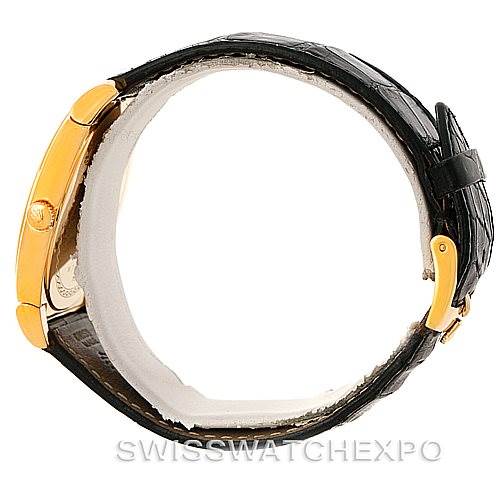 This image shows the side view of a Rolex Cellini 5330 Men's Yellow Gold White Dial 5330 Men's Yellow Gold White Dial watch, highlighting the gold case, crown, and leather strap.