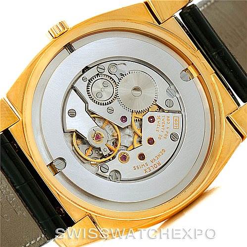 The image shows the back view of a Rolex Cellini 5330 Men's Yellow Gold White Dial 5330 Men's Yellow Gold White Dial model, focusing on the movement and internal mechanisms.
