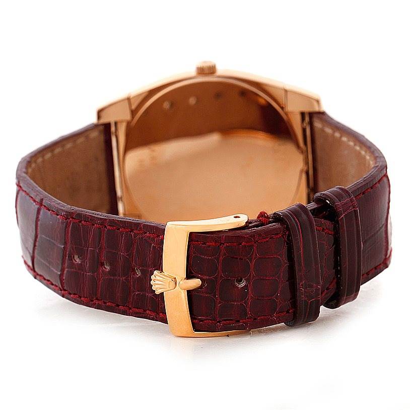 This image shows the back of the Rolex Cellini 5330 Men
s Rose Gold White Dial 5330 Men
s Rose Gold White Dial watch, focusing on the strap and clasp.