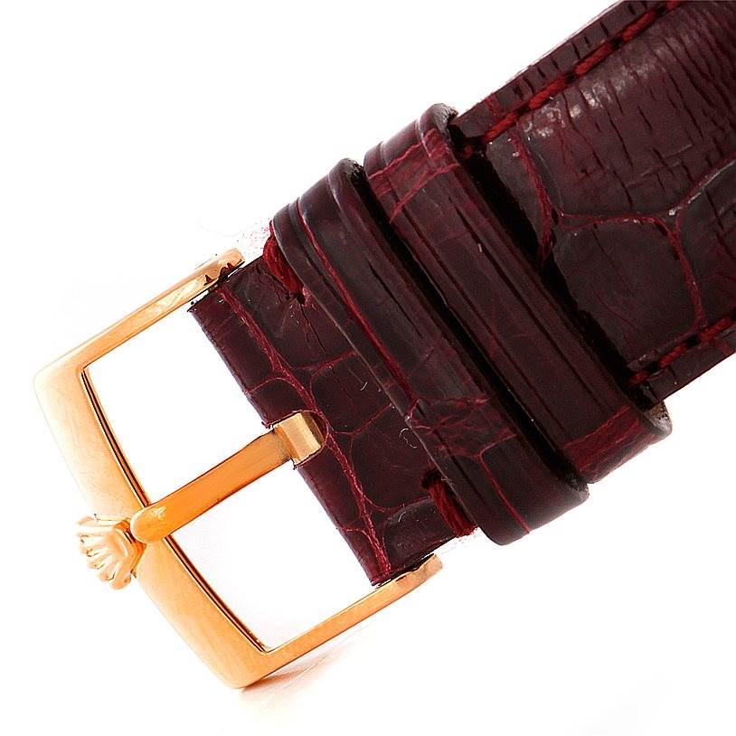 This image shows a close-up of the buckle and leather strap of the Rolex Cellini 5330 Men
s Rose Gold White Dial 5330 Men
s Rose Gold White Dial watch.