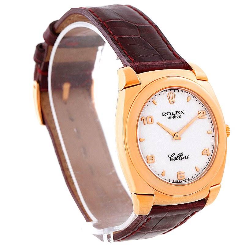 This image shows a Rolex Cellini 5330 Men
s Rose Gold White Dial 5330 Men
s Rose Gold White Dial model watch at a three-quarter angle, highlighting the dial and strap.