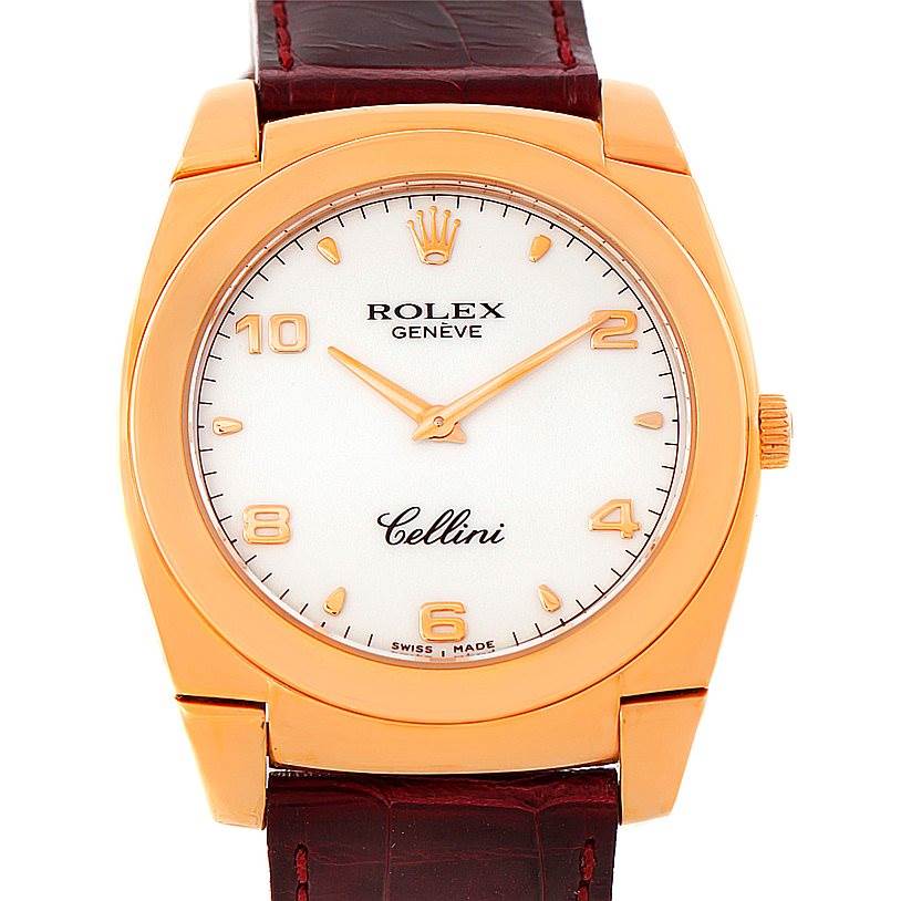 The image shows a front view of a Rolex Cellini 5330 Men
s Rose Gold White Dial 5330 Men
s Rose Gold White Dial watch, featuring its dial, hands, bezel, and part of the leather strap.
