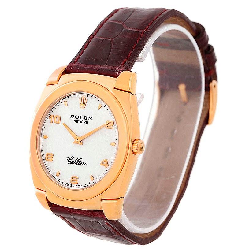 The image shows a frontal view of a Rolex Cellini 5330 Men
s Rose Gold White Dial 5330 Men
s Rose Gold White Dial watch featuring its dial, case, crown, and leather strap.