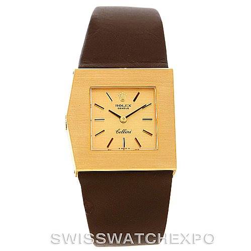 This image shows a Rolex Cellini 4017 Men's Yellow Gold Champagne Dial 4017 Men's Yellow Gold Champagne Dial watch from a front angle, highlighting its square gold face and brown leather strap.