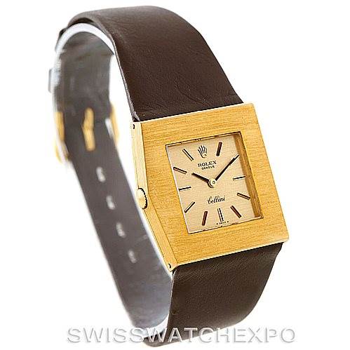The image shows a Rolex Cellini 4017 Men's Yellow Gold Champagne Dial 4017 Men's Yellow Gold Champagne Dial watch from a three-quarter angle, displaying its gold square face, crown, and brown leather strap.