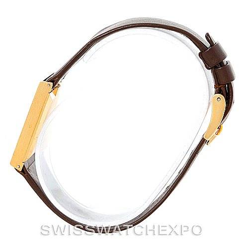 The image shows a side view of the Rolex Cellini 4017 Men's Yellow Gold Champagne Dial 4017 Men's Yellow Gold Champagne Dial watch, focusing on its brown leather strap and gold connectors.