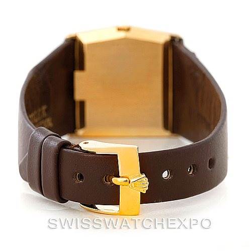 The image shows the back view of a Rolex Cellini 4017 Men's Yellow Gold Champagne Dial 4017 Men's Yellow Gold Champagne Dial watch, highlighting its brown leather strap and gold clasp.