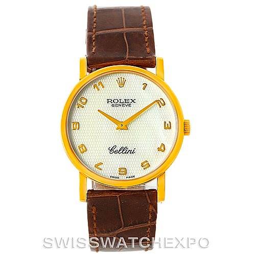 The image shows a front view of the Rolex Cellini 5115 Men's Yellow Gold Mother of Pearl Dial 5115 Men's Yellow Gold Mother of Pearl Dial model watch with a brown leather strap and a gold case.