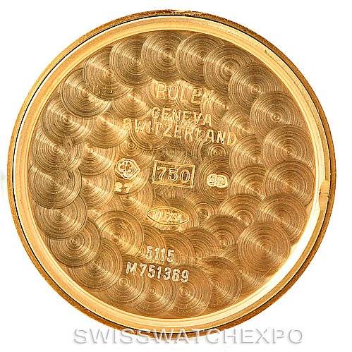 This image shows the inside case back of a Rolex Cellini 5115 Men's Yellow Gold Mother of Pearl Dial 5115 Men's Yellow Gold Mother of Pearl Dial watch, engraved with various markings and hallmarks.