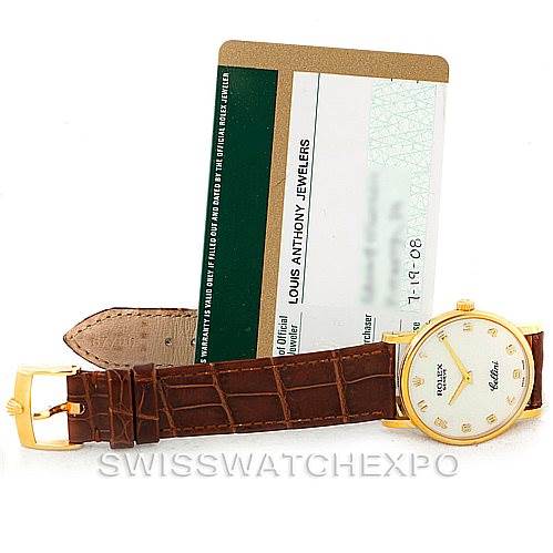 The image shows a Rolex Cellini 5115 Men's Yellow Gold Mother of Pearl Dial 5115 Men's Yellow Gold Mother of Pearl Dial watch with a brown leather strap, gold buckle, and an accompanying authenticity card.