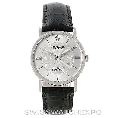 This image shows a front view of a Rolex Cellini 5115 Men's White Gold Silver Dial 5115 Men's White Gold Silver Dial watch, highlighting its face, Roman numerals, and black leather strap.