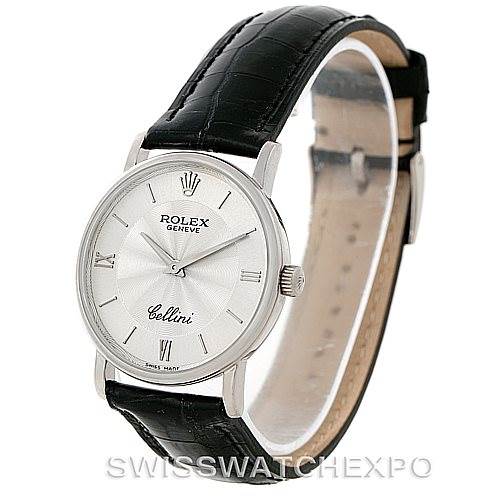 The image shows a Rolex Cellini 5115 Men's White Gold Silver Dial 5115 Men's White Gold Silver Dial watch at a three-quarter angle, highlighting its face, bezel, crown, and black leather strap.