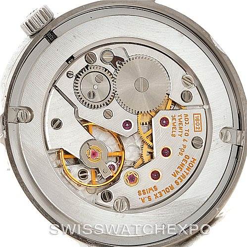 This image shows the back and inner mechanism of the Rolex Cellini 5115 Men's White Gold Silver Dial 5115 Men's White Gold Silver Dial watch, revealing the gears and movement components.