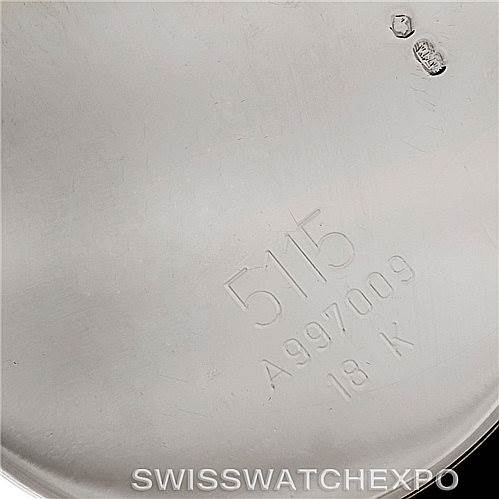This is an angled close-up of the back casing of a Rolex Cellini 5115 Men's White Gold Silver Dial 5115 Men's White Gold Silver Dial watch, showing model number and 18K gold mark.