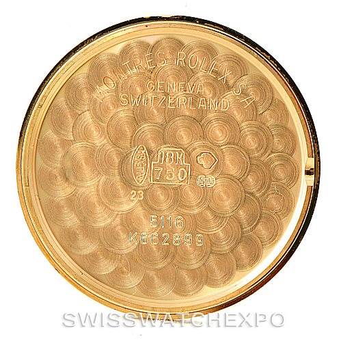 The image shows the inner case back of a Rolex Cellini 5116 Men's Yellow Gold Black Dial 5116 Men's Yellow Gold Black Dial watch, displaying engravings and gold markings.