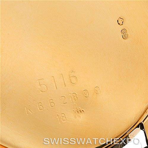 The image shows the inside case back of a Rolex Cellini 5116 Men's Yellow Gold Black Dial 5116 Men's Yellow Gold Black Dial model, displaying hallmark stamps and an engraved serial number.