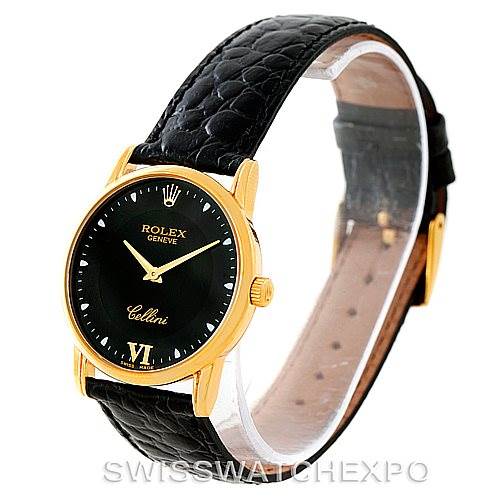 The image shows a side angle of the Rolex Cellini 5116 Men's Yellow Gold Black Dial 5116 Men's Yellow Gold Black Dial watch with a black leather strap and gold case.