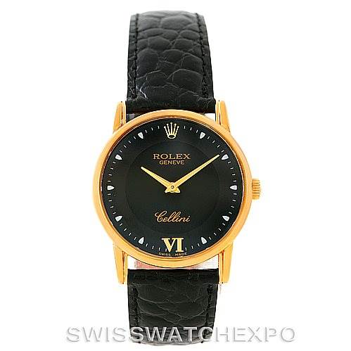 This Rolex Cellini 5116 Men's Yellow Gold Black Dial 5116 Men's Yellow Gold Black Dial model watch is shown from a front angle, displaying its black dial, gold case, and black leather strap.