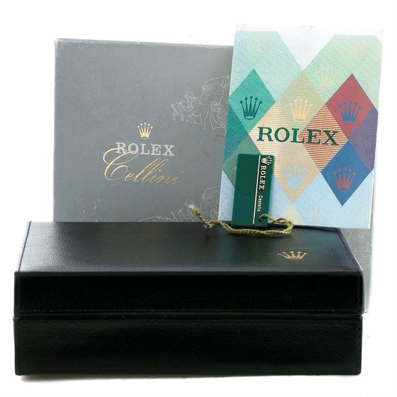 The image shows a Rolex Cellini 5116 Men's Yellow Gold Grey Dial 5116 Men's Yellow Gold Grey Dial watch box, instruction booklet, and tag from a front angle.