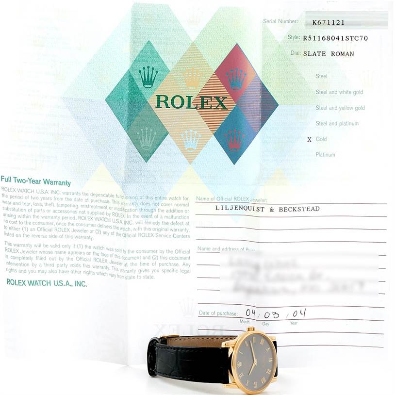 The image shows the Rolex Cellini 5116 Men's Yellow Gold Grey Dial 5116 Men's Yellow Gold Grey Dial model watch at an angle alongside the warranty documents and certificate.