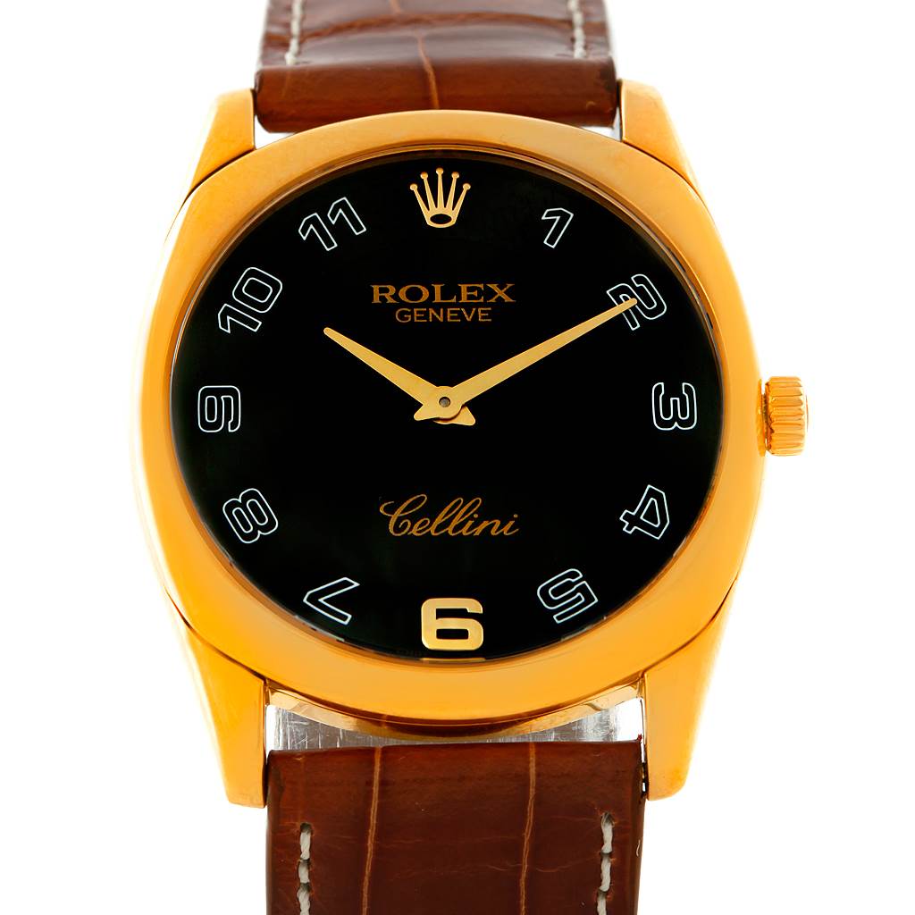 The image shows a frontal view of a Rolex Cellini 4233 Men's Yellow Gold Black Dial 4233 Men's Yellow Gold Black Dial watch with a black dial and gold case.
