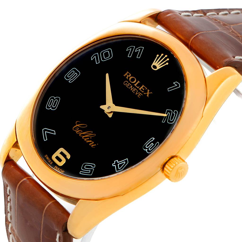 This image shows a side-angle view of the Rolex Cellini 4233 Men's Yellow Gold Black Dial 4233 Men's Yellow Gold Black Dial watch, highlighting its black dial, gold case, and brown leather strap.