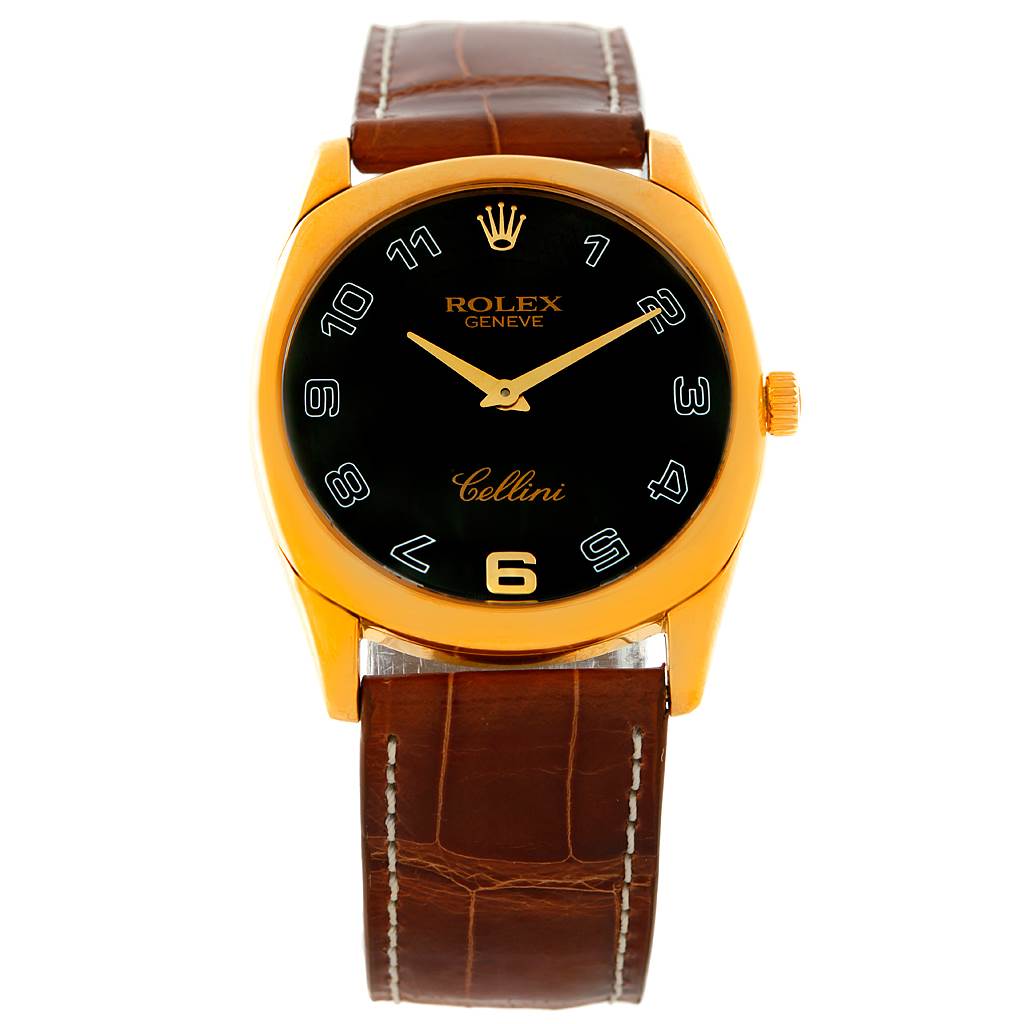 This image shows a frontal view of a Rolex Cellini 4233 Men's Yellow Gold Black Dial 4233 Men's Yellow Gold Black Dial watch with a brown leather strap and gold case.