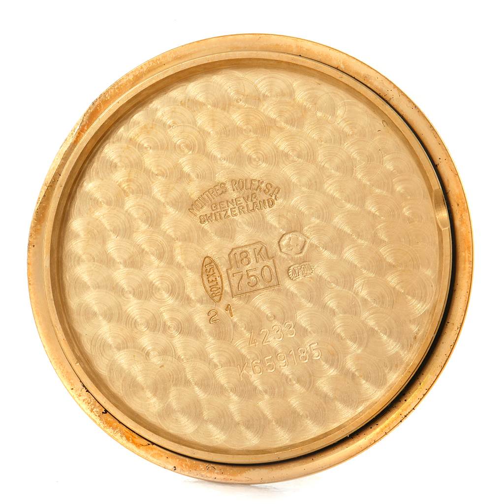 This image shows the inner part of the back case of a Rolex Cellini 4233 Men's Yellow Gold Black Dial 4233 Men's Yellow Gold Black Dial model watch.