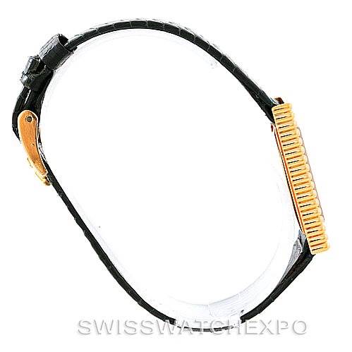 The image shows a side view of a Rolex Cellini 4012 Men's Yellow Gold Blue Dial 4012 Men's Yellow Gold Blue Dial watch, displaying its black leather strap and golden case.