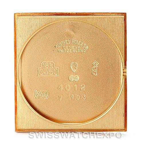 This is an image of the case back for a Rolex Cellini 4012 Men's Yellow Gold Blue Dial 4012 Men's Yellow Gold Blue Dial model, showing its interior engravings and markings.